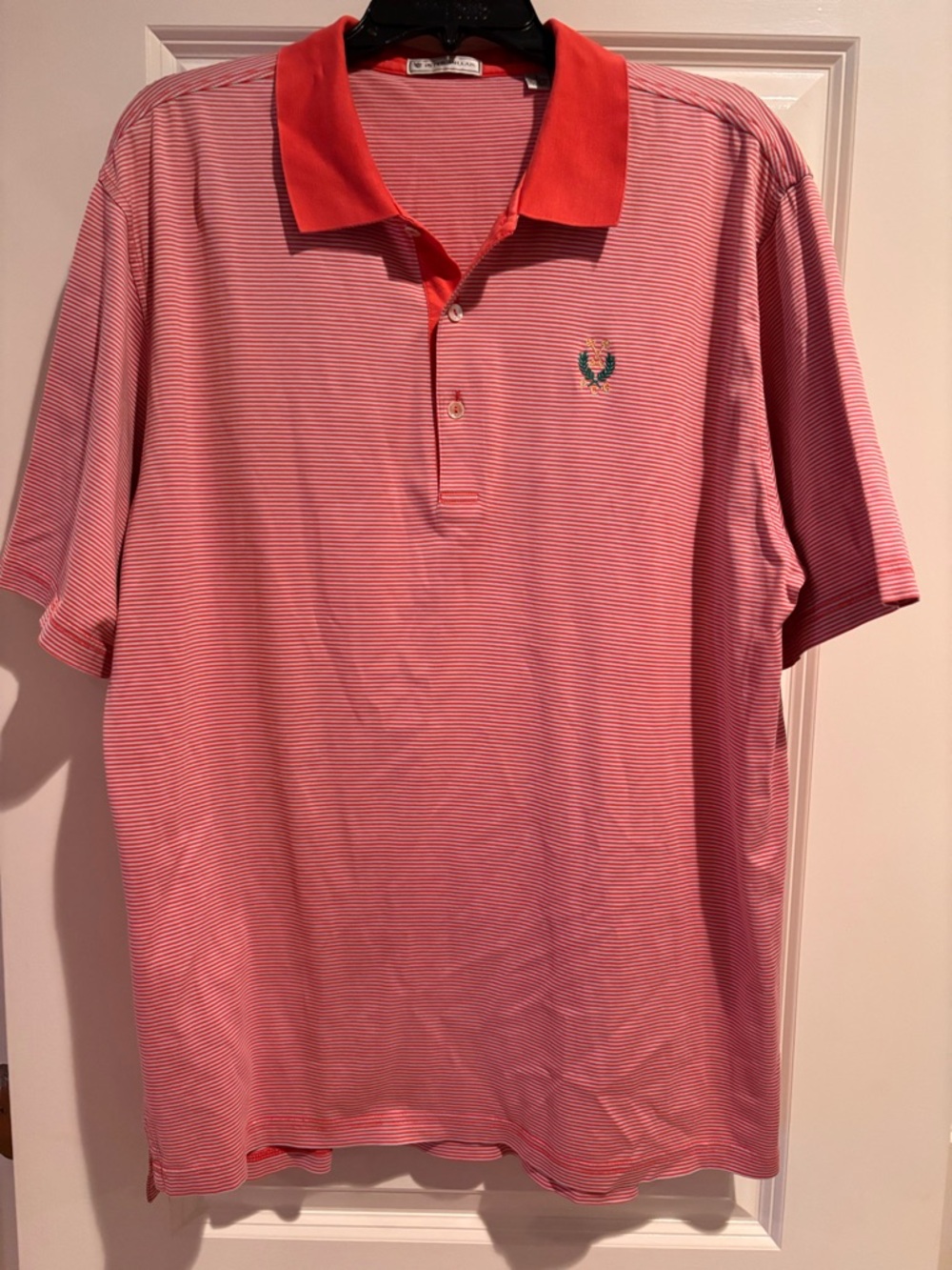 Peter Millar Polo Shirt Large Orange White Stripe Cotton Golf PCG Logo